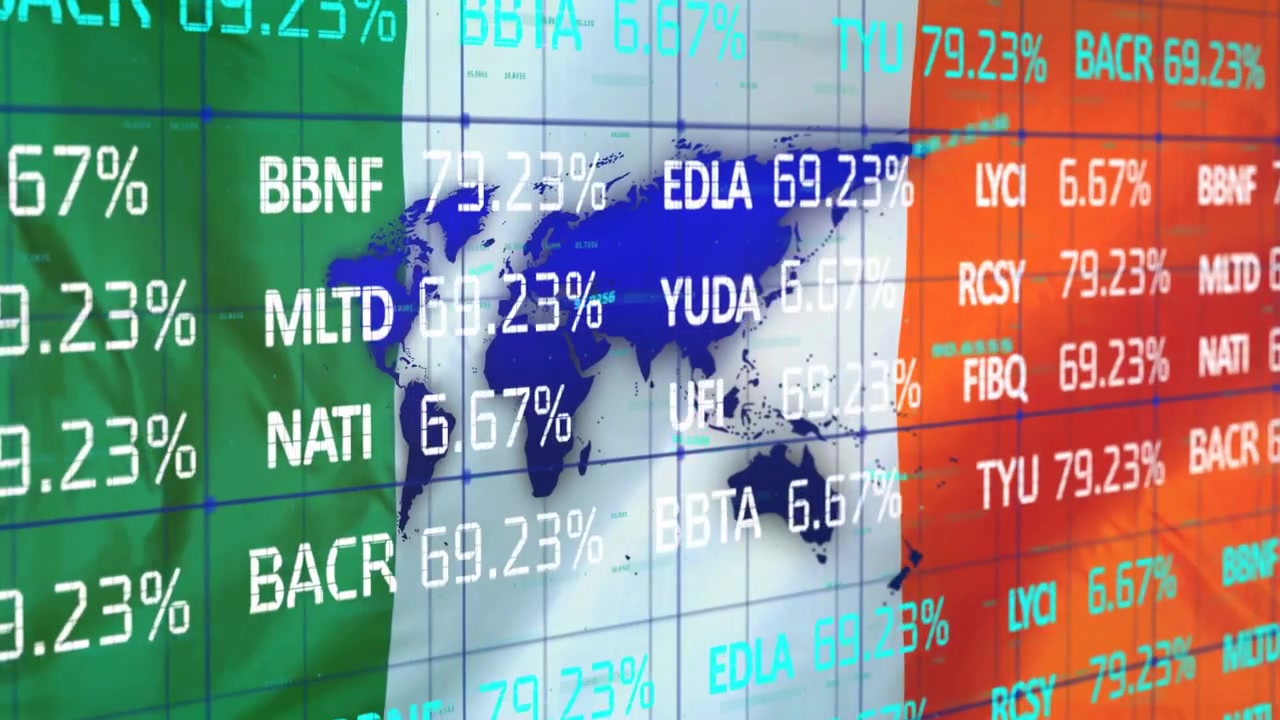 Data feed updating tickers scrolling percents rising blue map zooming over tricolor to show market
