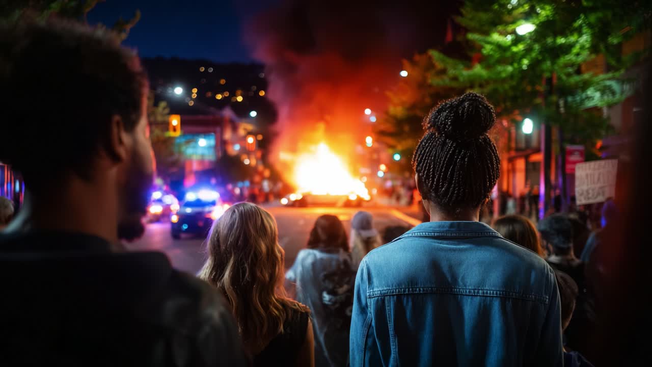 En spændt aften udspiller sig, mens tilskuere betragter en flammende brand i gaden, oplyst af politilys midt i en forsamlet menneskemængde, der ser kaosset udfolde sig i byen.