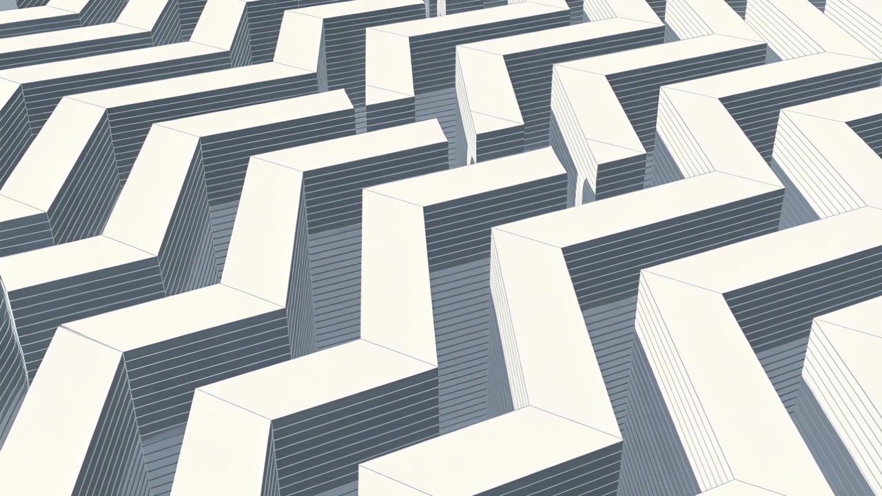 Sich verlagernder Blickwinkel enthüllt Zickzack-Blöcke mit weißen Oberseiten in 3D-Rendering, Tiefe und Lücken zeigend.