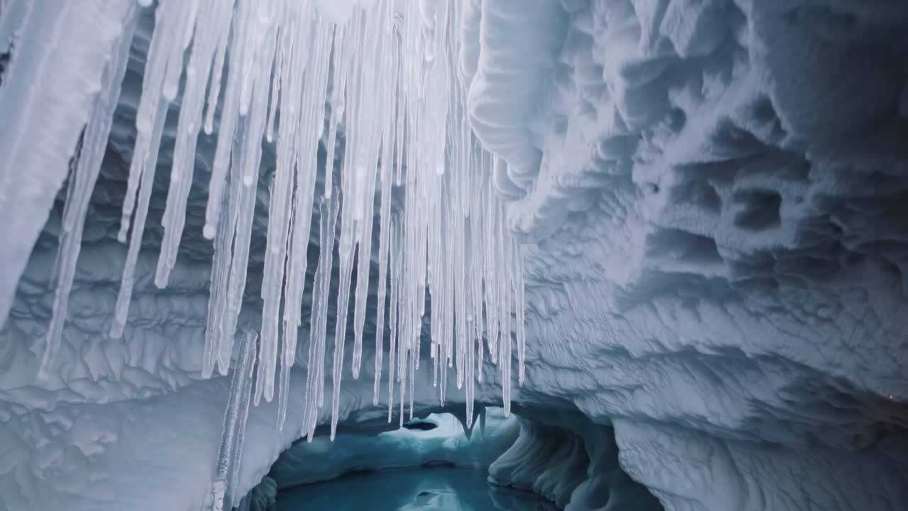 Wide-angle shot of an icy cave with hanging icicles, capturing a serene, frozen landscape