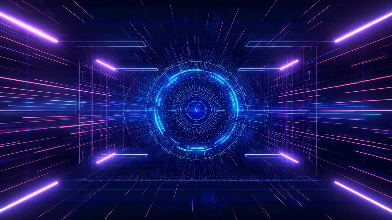 Pulsing circular holographic interface projecting neon streaks down grid-lined tunnel for data flow
