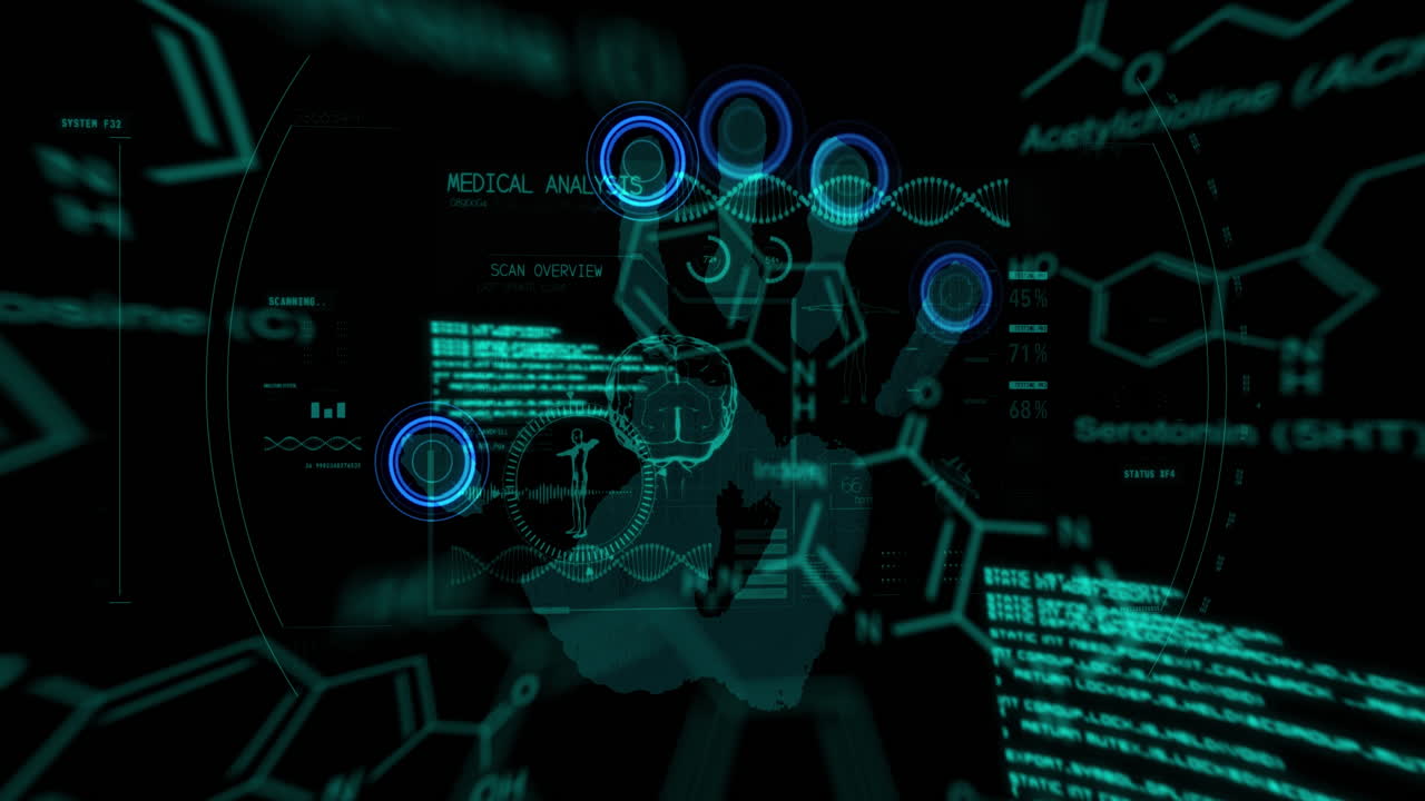 animación de fórmulas químicas y procesamiento de datos sobre huellas dactilares en fondo negro
