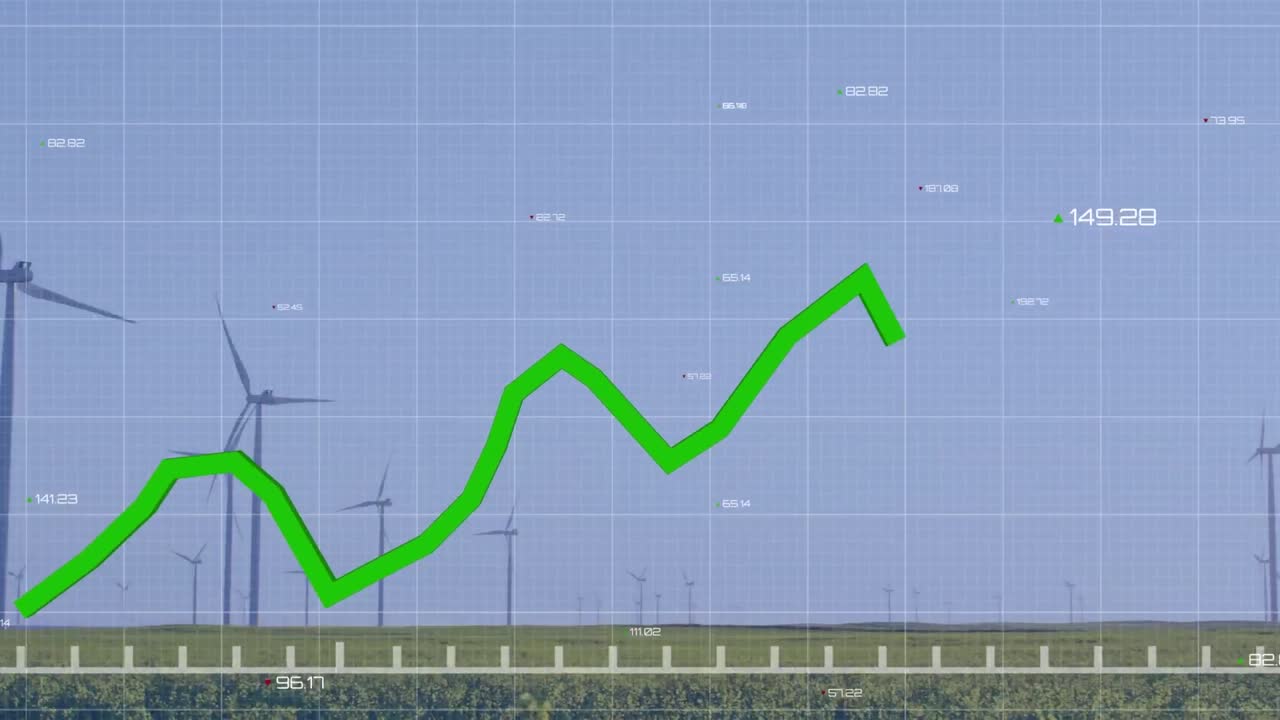 풍력 터빈 위의 녹색 선으로 금융 데이터 처리의 애니메이션