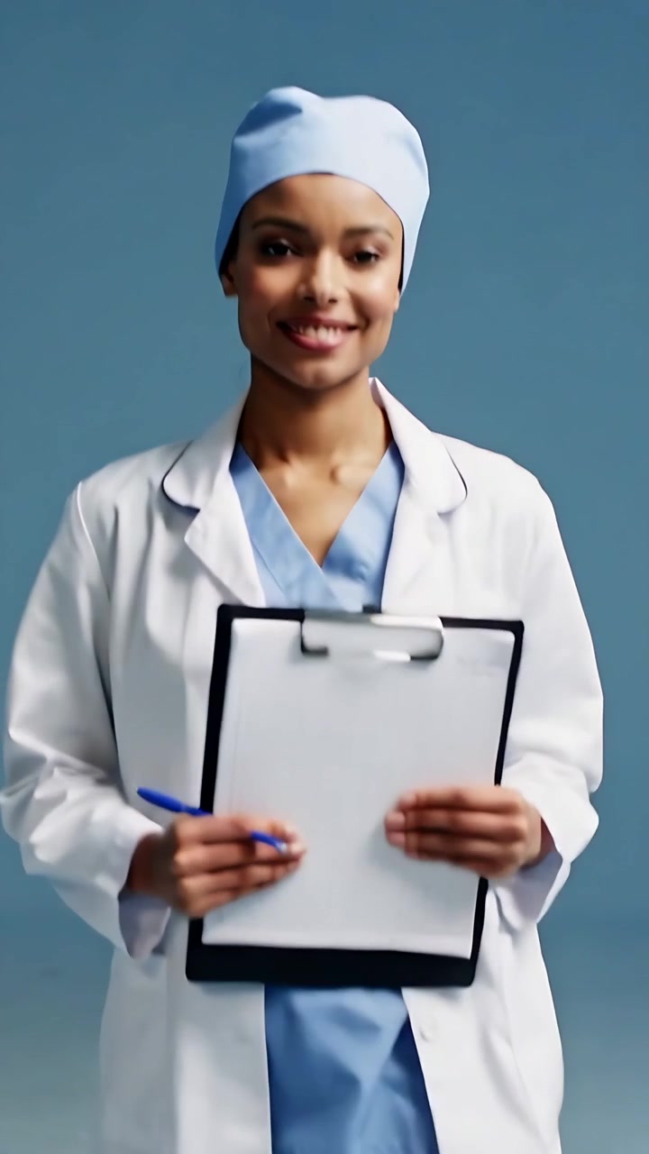 Vertical video: Holding nurse in scrubs, angling clipboard and pen, camera rolling in studio for ad