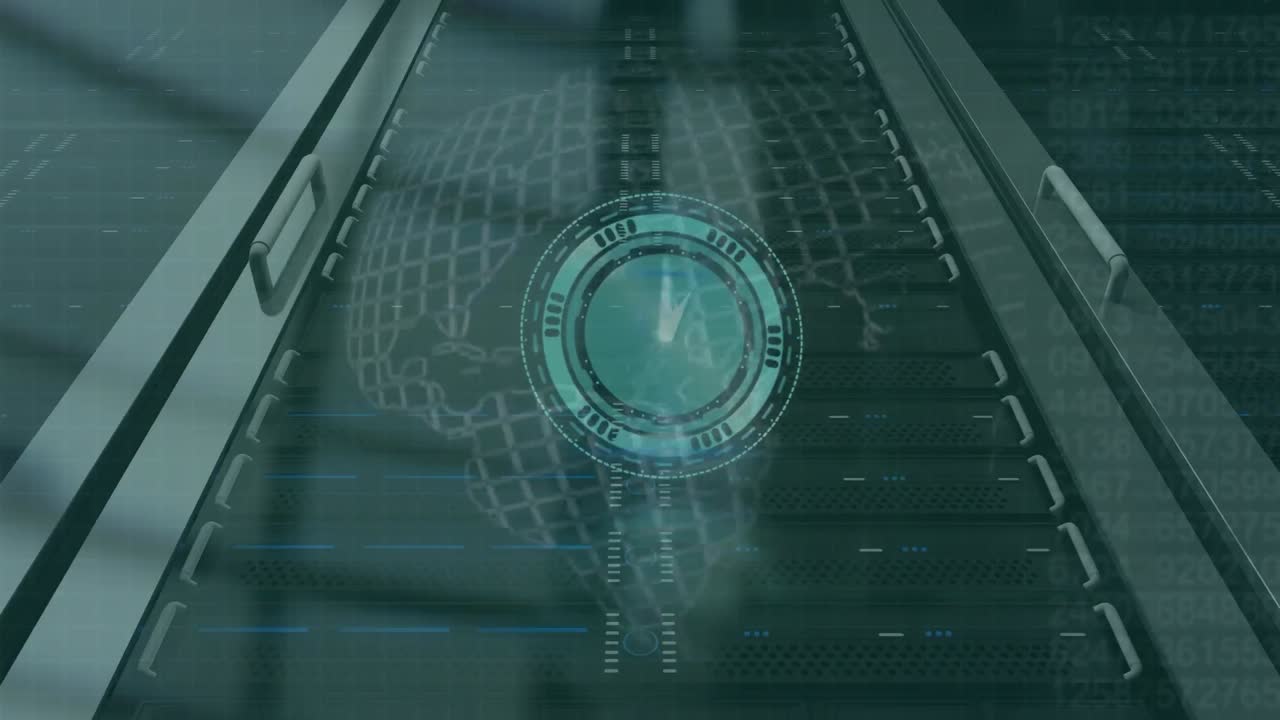 Animation of data processing and clock over server room