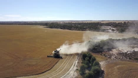 combine gathering corn and kicking up dust in the dry farm field - aerial view