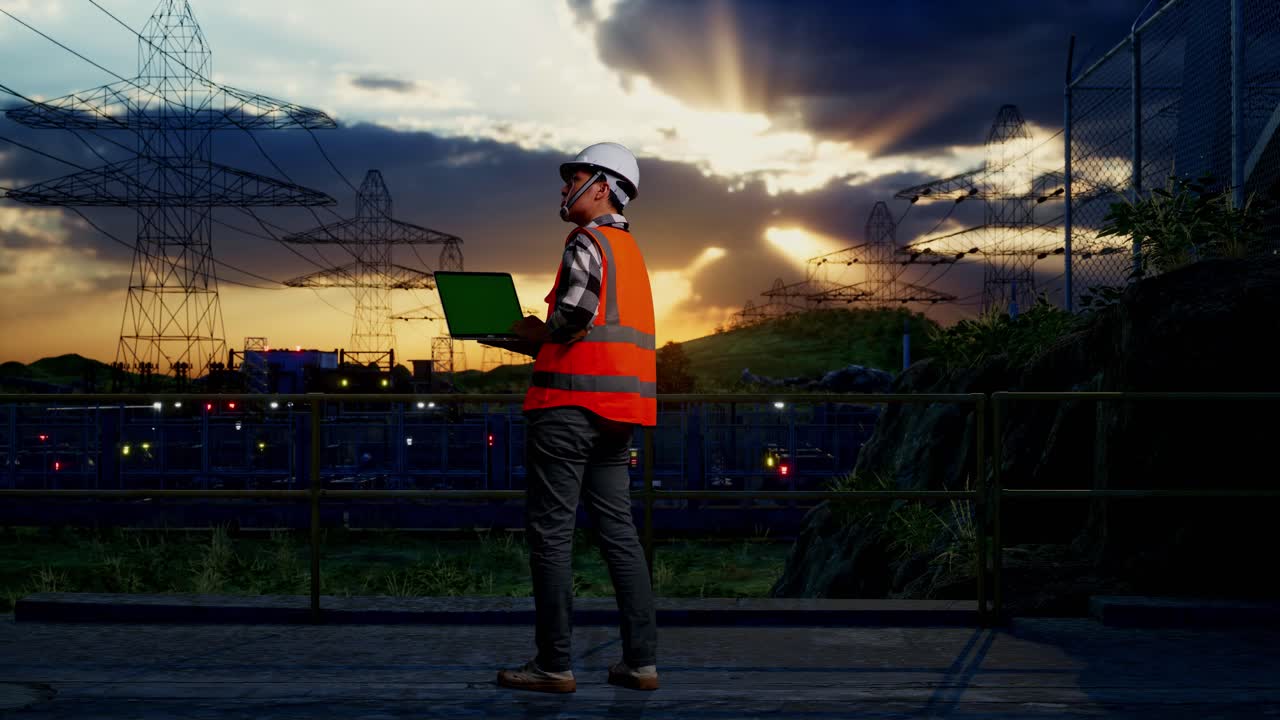 안전 헬을 입은 아시아 남성 엔지니어가 녹색 스크린 노트북에서 작업하고 고전압 타워 근처에 서 있는 동안 주변을 둘러보고 있습니다.