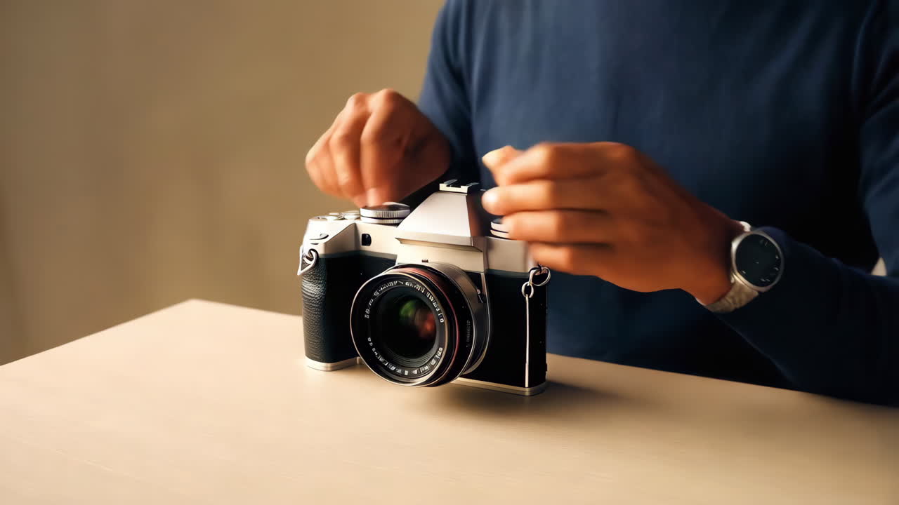 Hands adjusting a vintage film camera