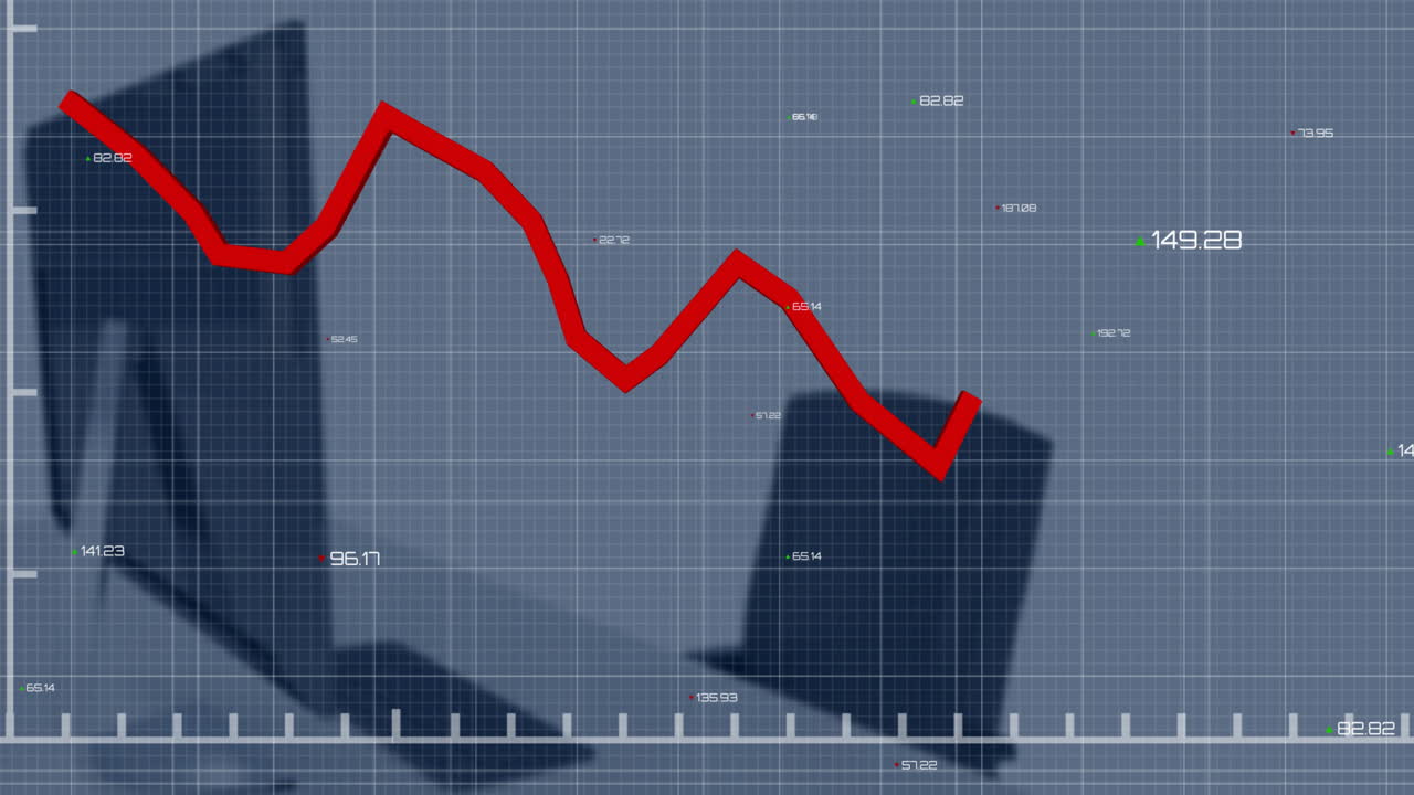 Animation of red graph and data processing over computer on desk at empty office