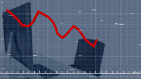 animation of red graph and data processing over computer on desk at empty office