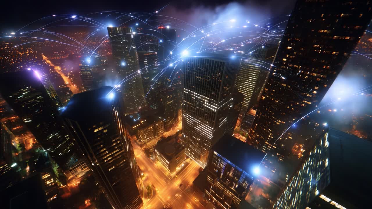 A Stunning Aerial View of a Modern Cityscape Illuminated at Night with Dynamic Connectivity Showcasing Futuristic Technology and Urban Life through Bright Lights and Interconnected Networks