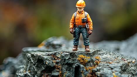 tiny construction worker figure stands on rocky terrain outdoors