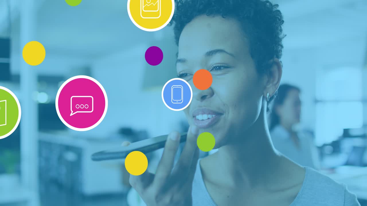 Animation of network of connections and icons over businesswoman wearing phone headset