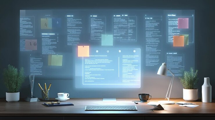 Area di lavoro moderna con tecnologia avanzata e display digitale organizzato