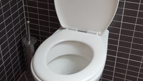 inodoro, lavabo en un baño moderno con azulejos negros y grises, hd 1080p, tapa abierta, toma de grúa