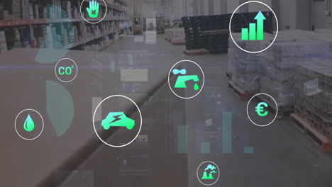 animation of ecology icons and data processing over warehouse