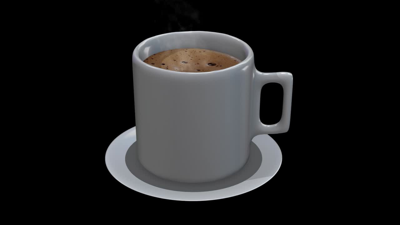 3D modeling art of a hot cup of coffee with a black background.
