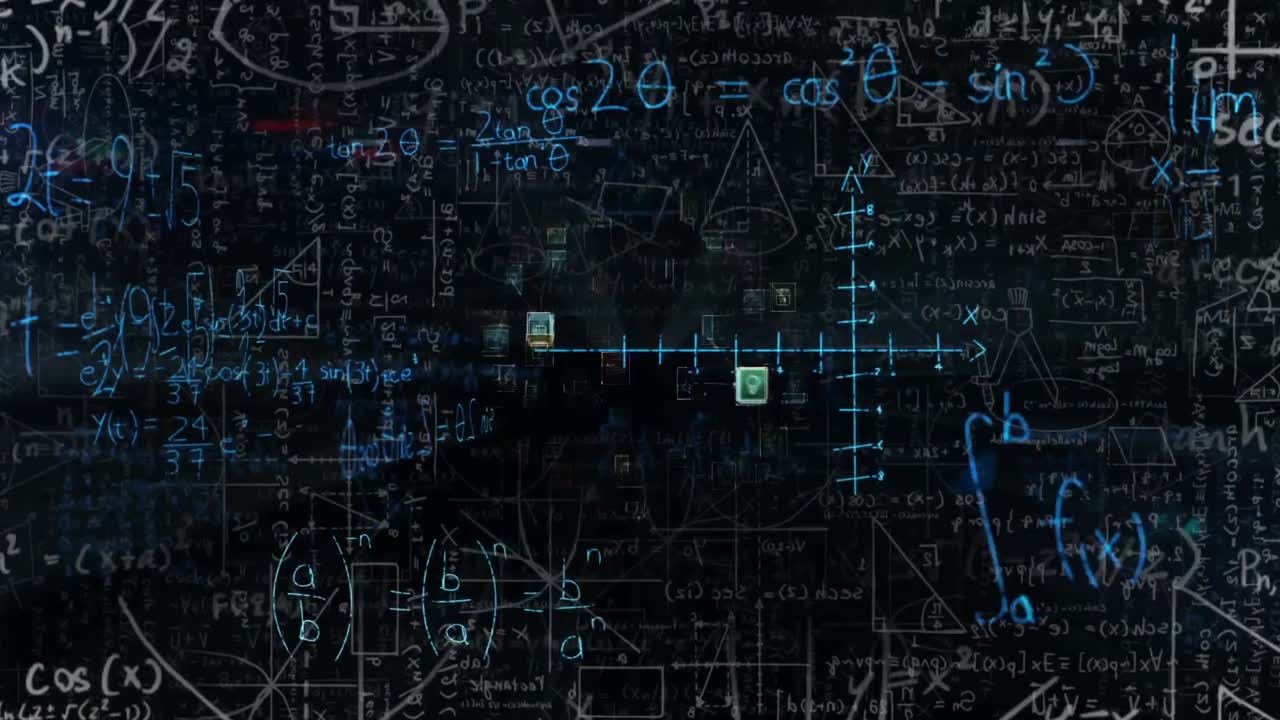 Animation of network of connections and mathematical equations over black background