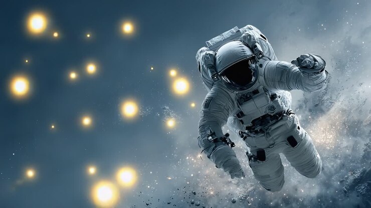 An astronaut drifts through the vastness of space, surrounded by swirling cosmic dust and distant glowing stars, capturing the essence of exploration and wonder beyond Earth