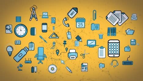 animación digital de la red de conexiones sobre iconos de concepto de negocio en fondo amarillo