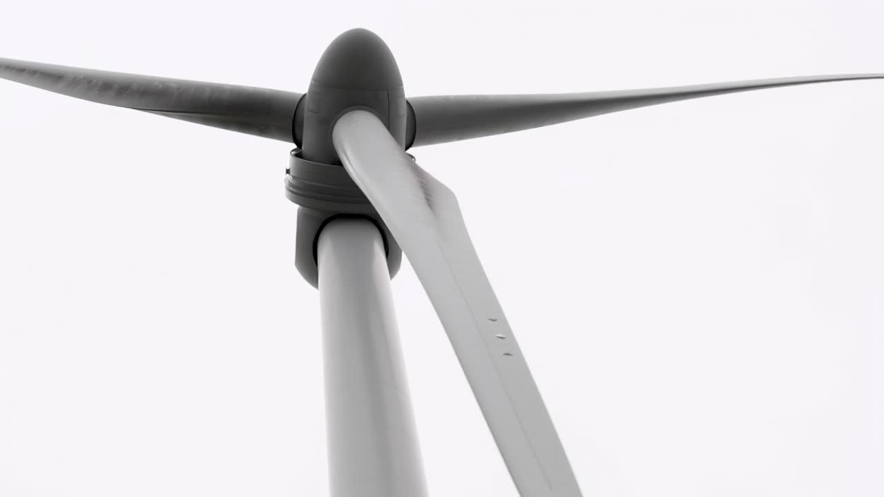 Detailed view of wind turbine blades rotating against a clear sky, showcasing mechanical precision and engineering.