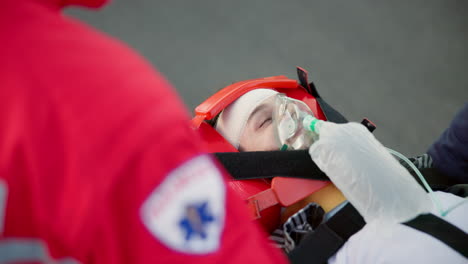 emergency, accident and patient with oxygen mask