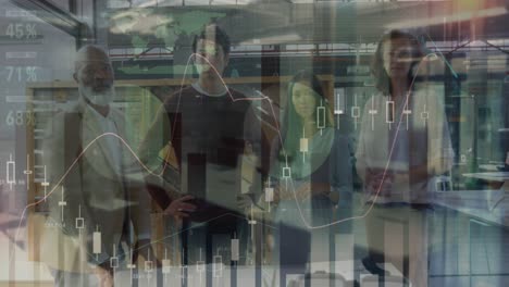 animation of financial data processing over business people in office