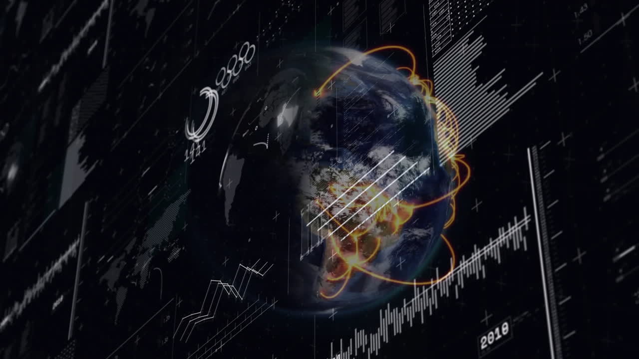 animación del procesamiento de datos digitales en el mundo sobre un fondo negro