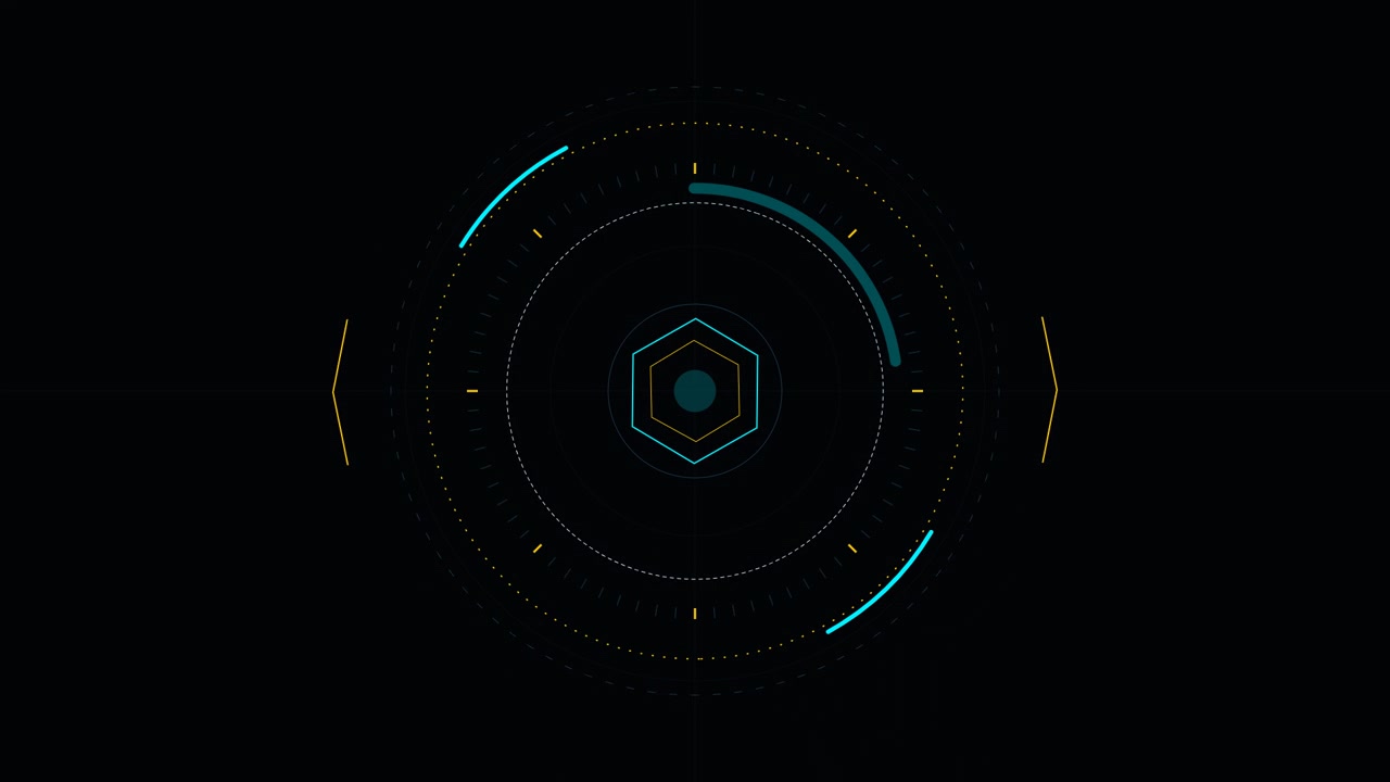 Futuristic Digital HUD Interface with Rotating Hexagon Element