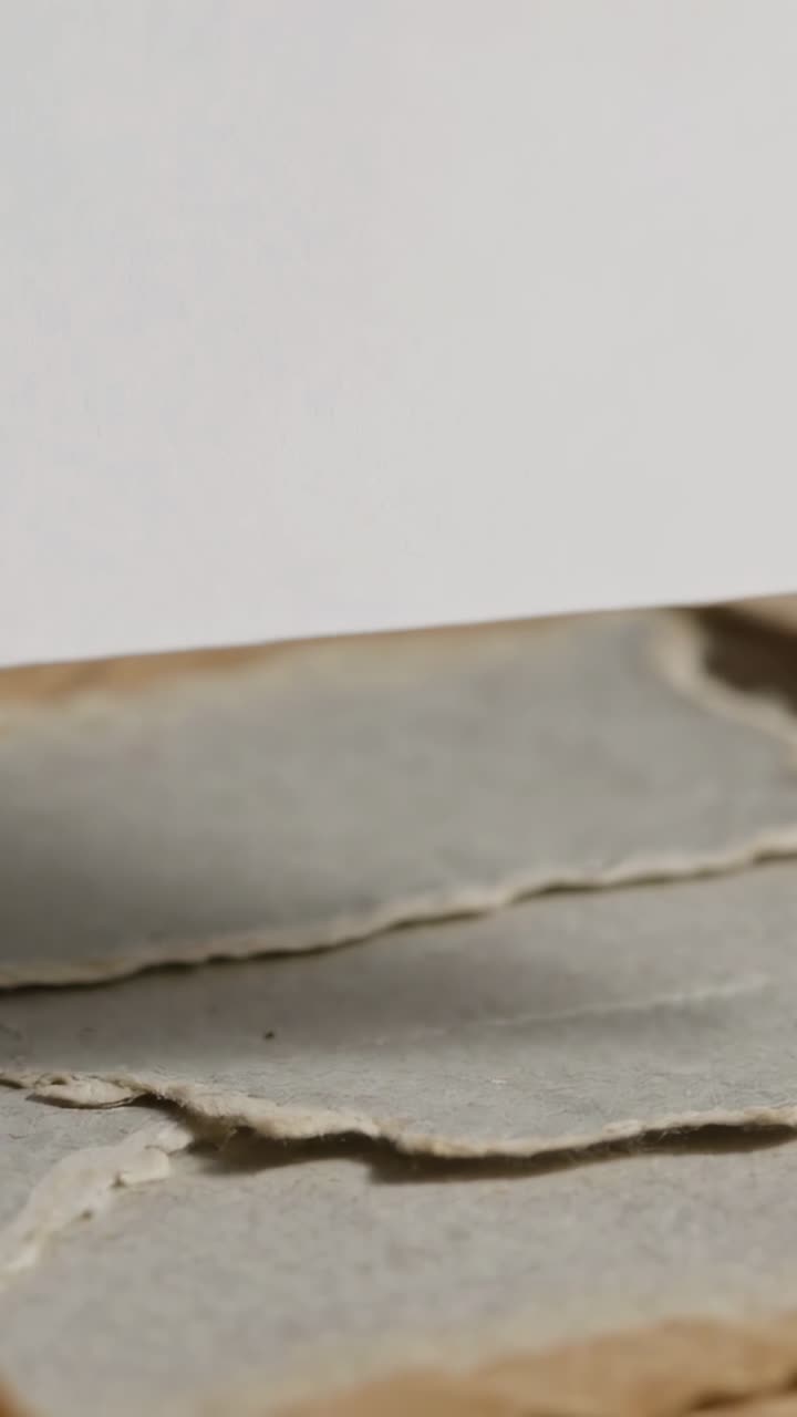 Vertical video: Sliding white panel moving down over table, covering torn corrugated cardboard
