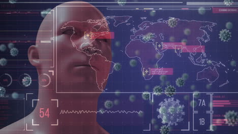 multiple covid-19 cells over digital interface with data processing against human face model