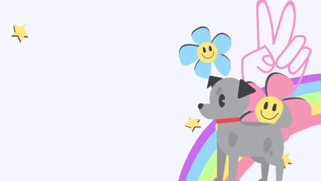 Animation-of-dog,-hand-showing-victory-sign-and-flowers-on-rainbow-with-copy-space