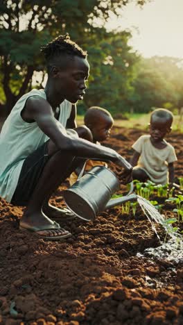 experienced african farmer nurturing seedlings with sons in sunlit agricultural field, embodying sustainable farming and family agricultural tradition