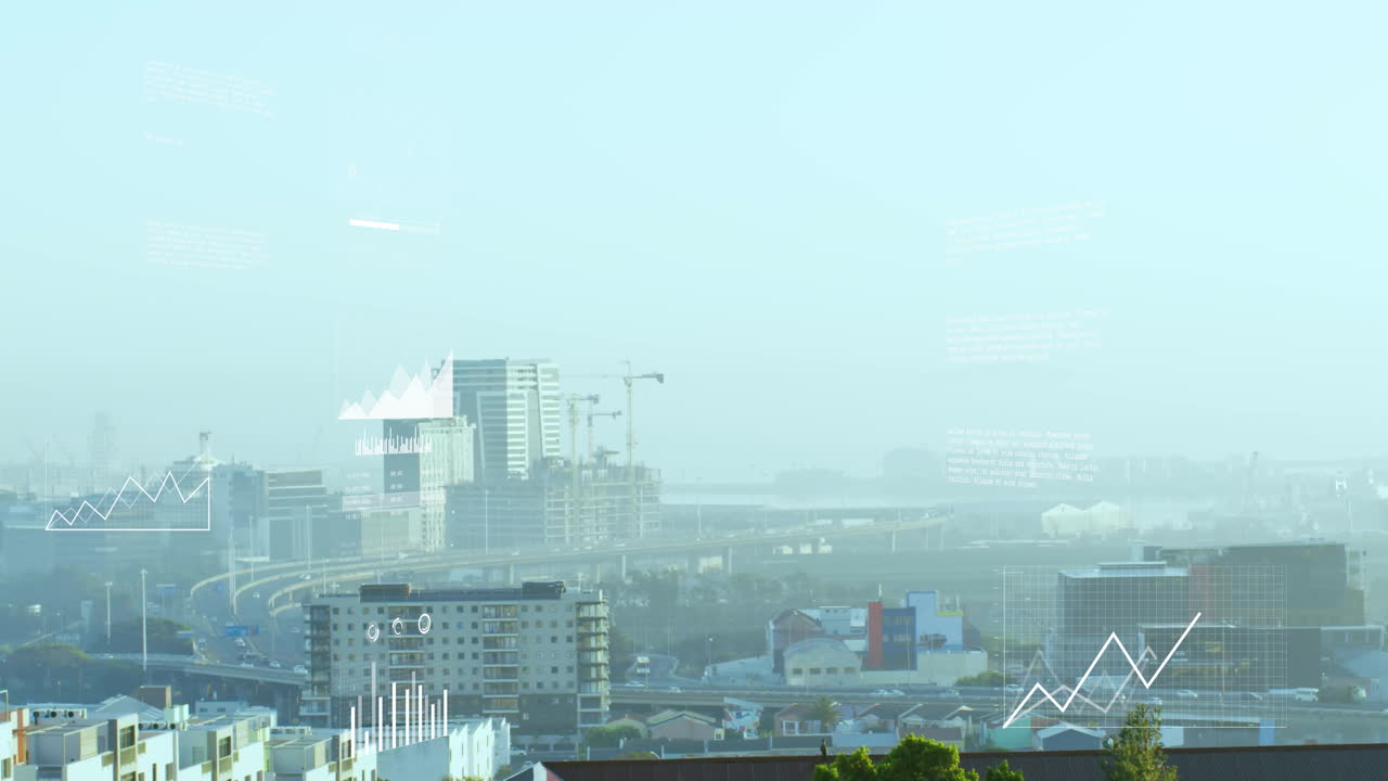 Digital graphs overlaying cityscape with urban buildings and cranes in animation