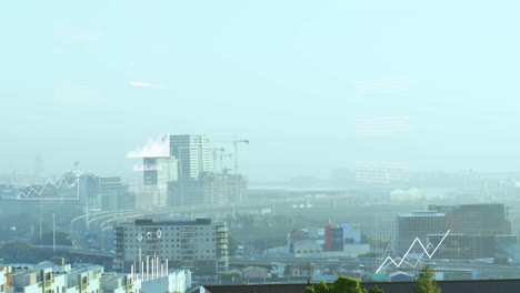 digital graphs overlaying cityscape with urban buildings and cranes in animation