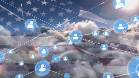 animación de la red de conexión e iconos sobre la bandera de los estados unidos y el cielo nublado