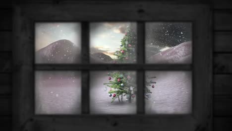 Animation-of-window-view-of-christmas-tree-and-winter-landscape