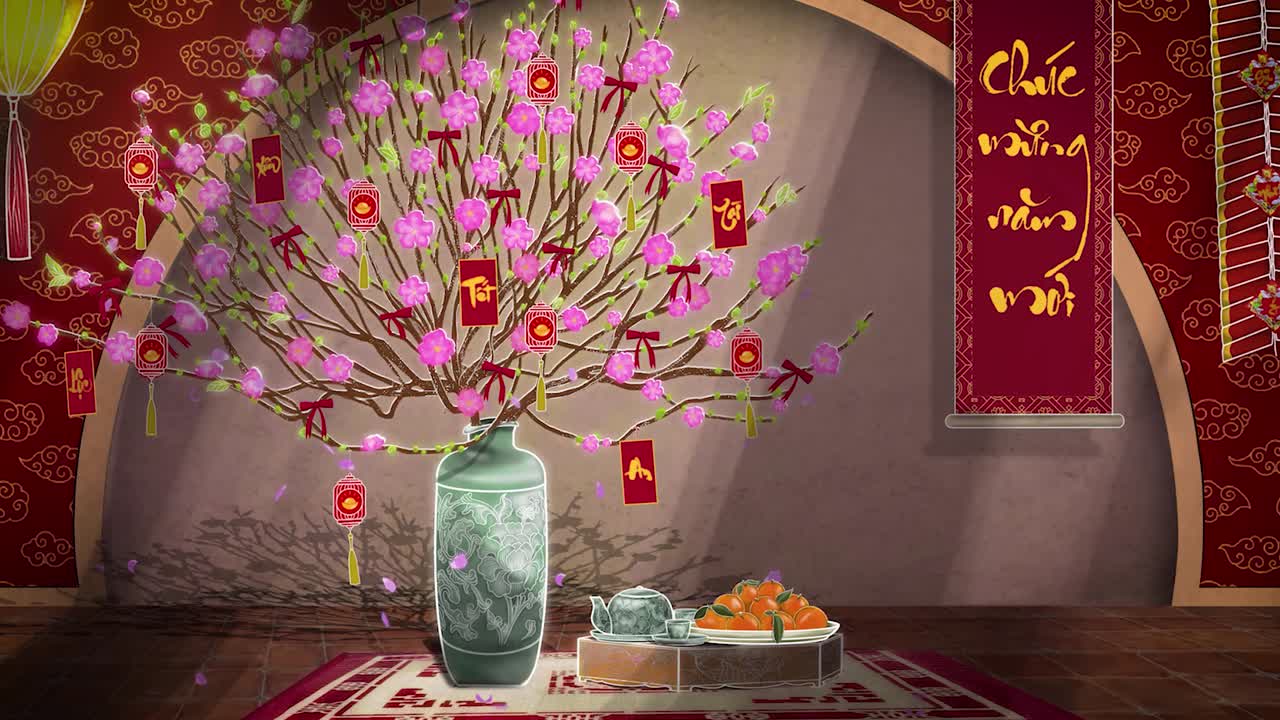 Celebrate Tết with this vibrant 2D animation background featuring rich red hues, stunning Hoa Đào blossoms (Cherry blossoms) and gracefully falling petals.