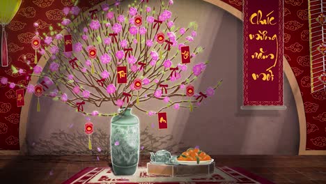 celebrate tết with this vibrant 2d animation background featuring rich red hues, stunning hoa đào blossoms (cherry blossoms) and gracefully falling petals.