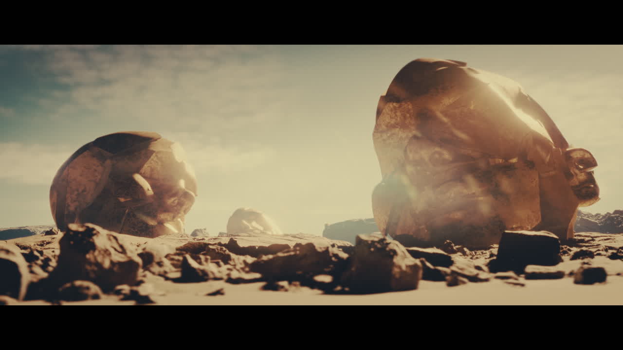 Huge golden statues in the desert during sunset