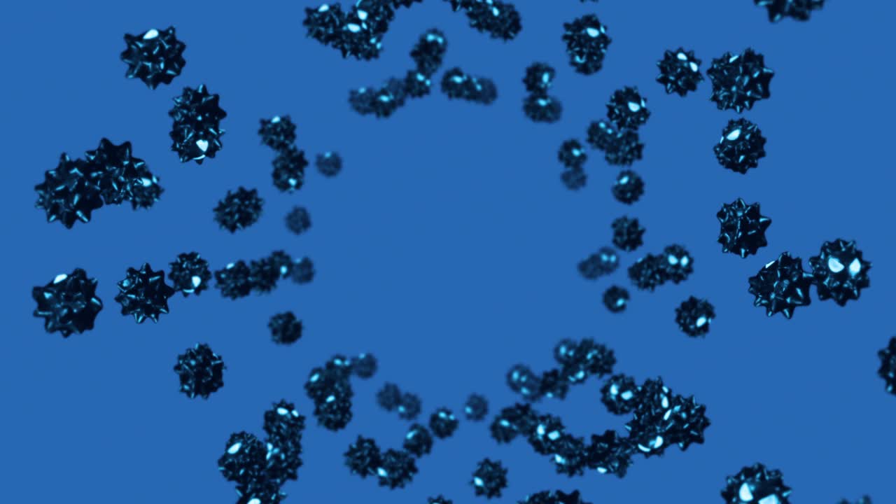 파란색 배경의 만화 캐릭터에서 많은 바이러스를 날아다니는. 의학 개념. 화를 내는 재미있는 검은 바이러스 마스코트. 3d 루프 애니메이션.