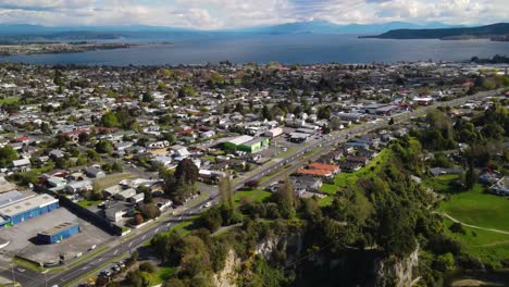 Taupo-town-on-lakefront-Lake-Taupo,-New-Zealand-aerial-cityscape