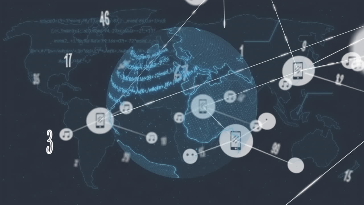 Animation of connected icons with numbers and symbols around globe over computer language and map