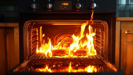 a oven with a fire inside of it in a kitchen