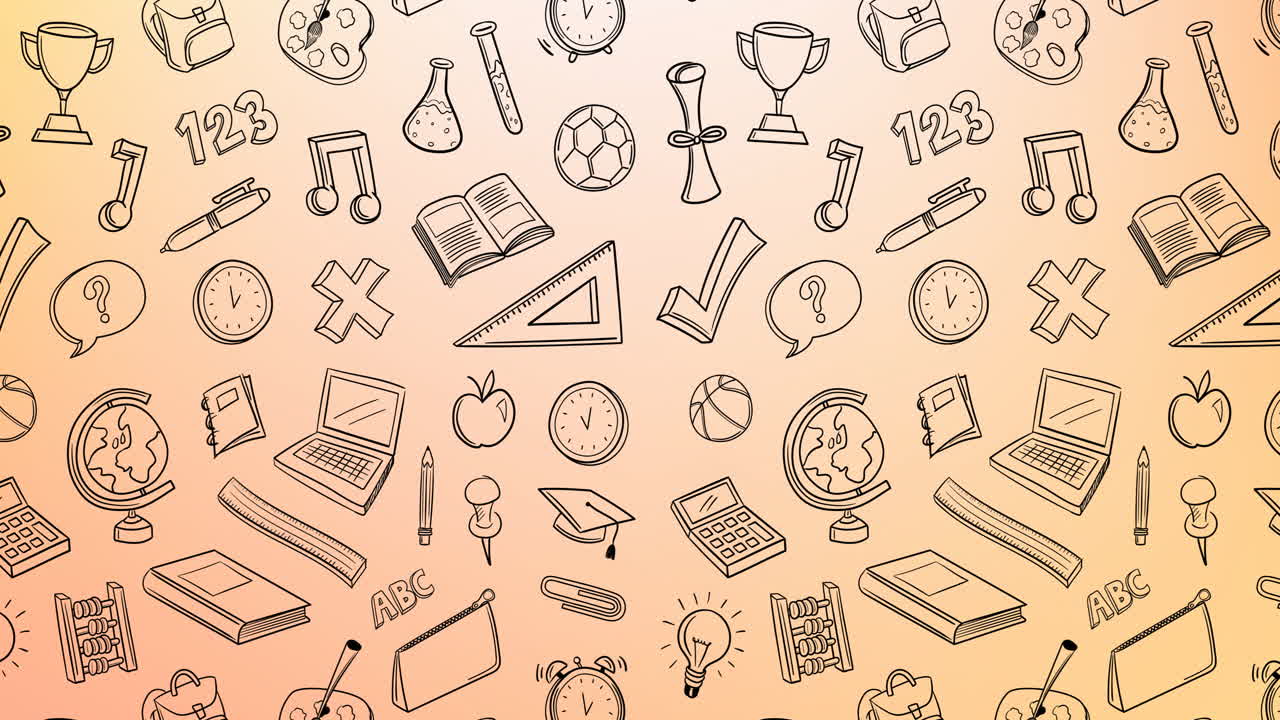 animación de iconos educativos y escolares sobre un fondo naranja