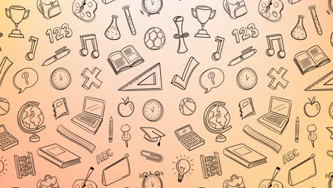 animación de iconos educativos y escolares sobre un fondo naranja