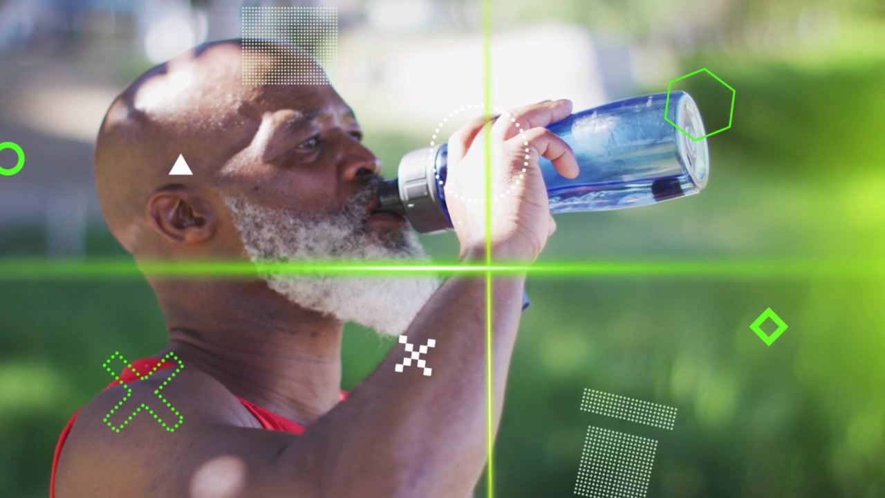 Senior man lifting blue bottle and hydrating after workout, green HUD aligning with bottle and face