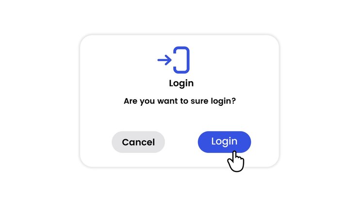 Login confirmation popup dialog box with mouse click animation isolated on white background