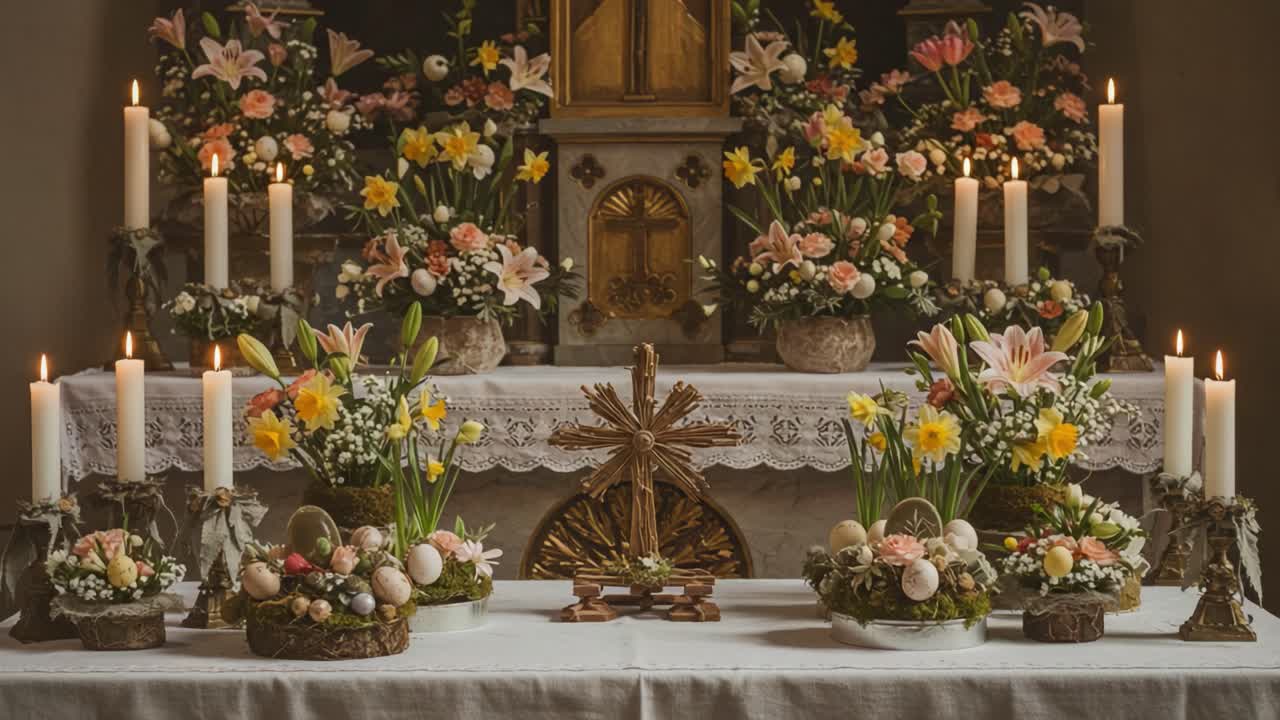 A Beautifully Decorated Altar with Spring Flowers, Candles, and Easter Eggs, Showcasing Nature's Rebirth and Celebration of New Beginnings in a Serene Setting