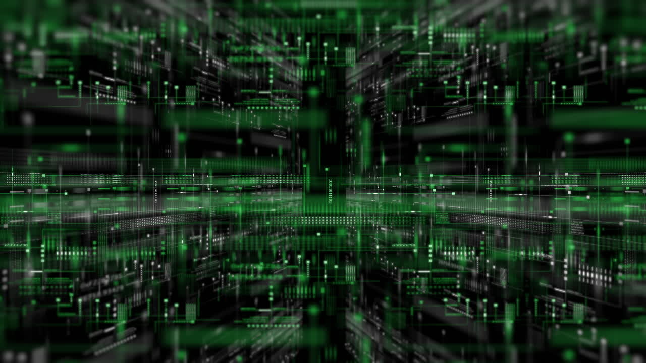 4K Futuristic background with digital data code and HUD elements. Perfect for text titles and horizontal displays.